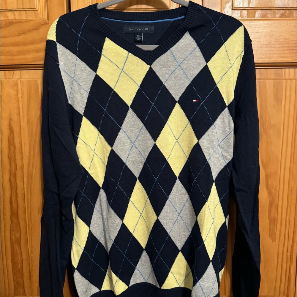 Tommy Hilfiger Men's V-Neck Argyle Sweater - Yellow, Gray, and Black